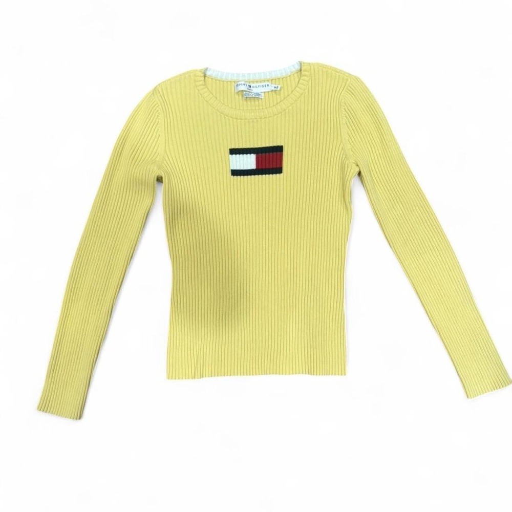 Tommy Hilfiger Pale Yellow Ribbed Crewneck Sweater with Signature Flag
